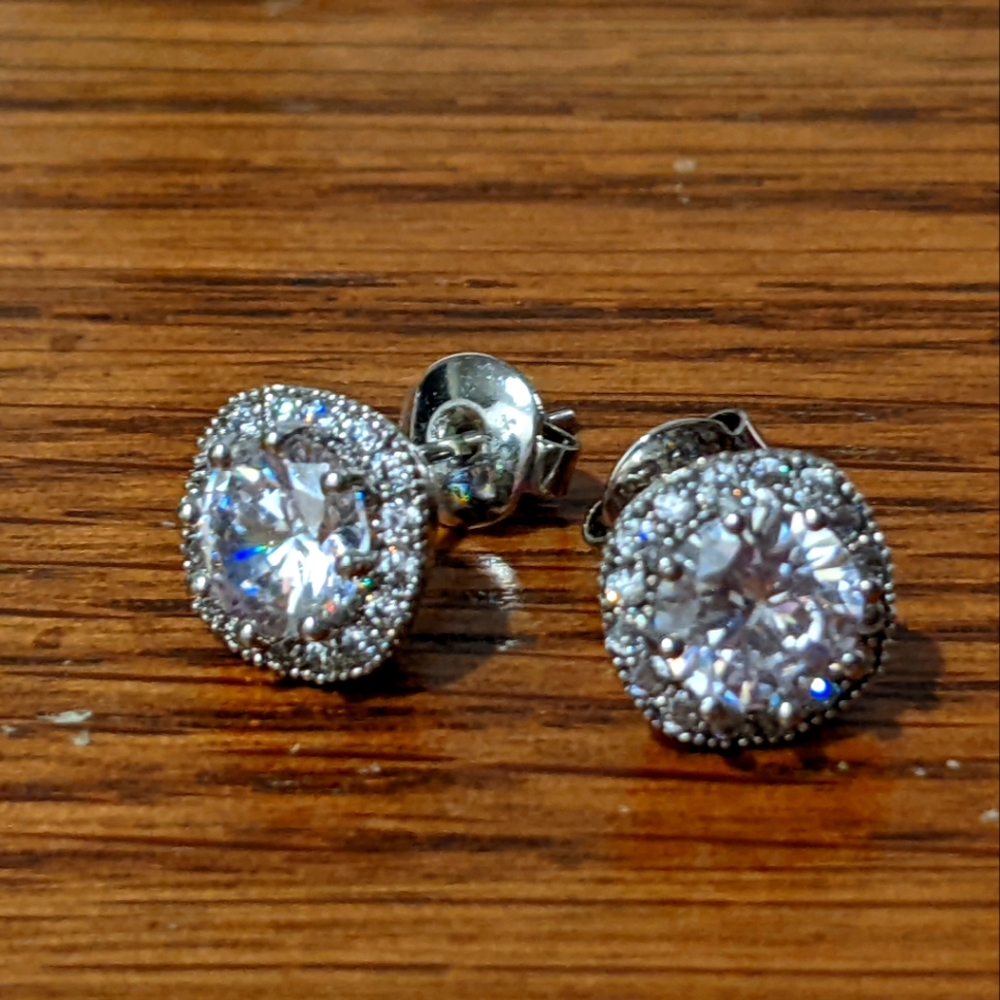 Round halo CZ sterling stud earrings